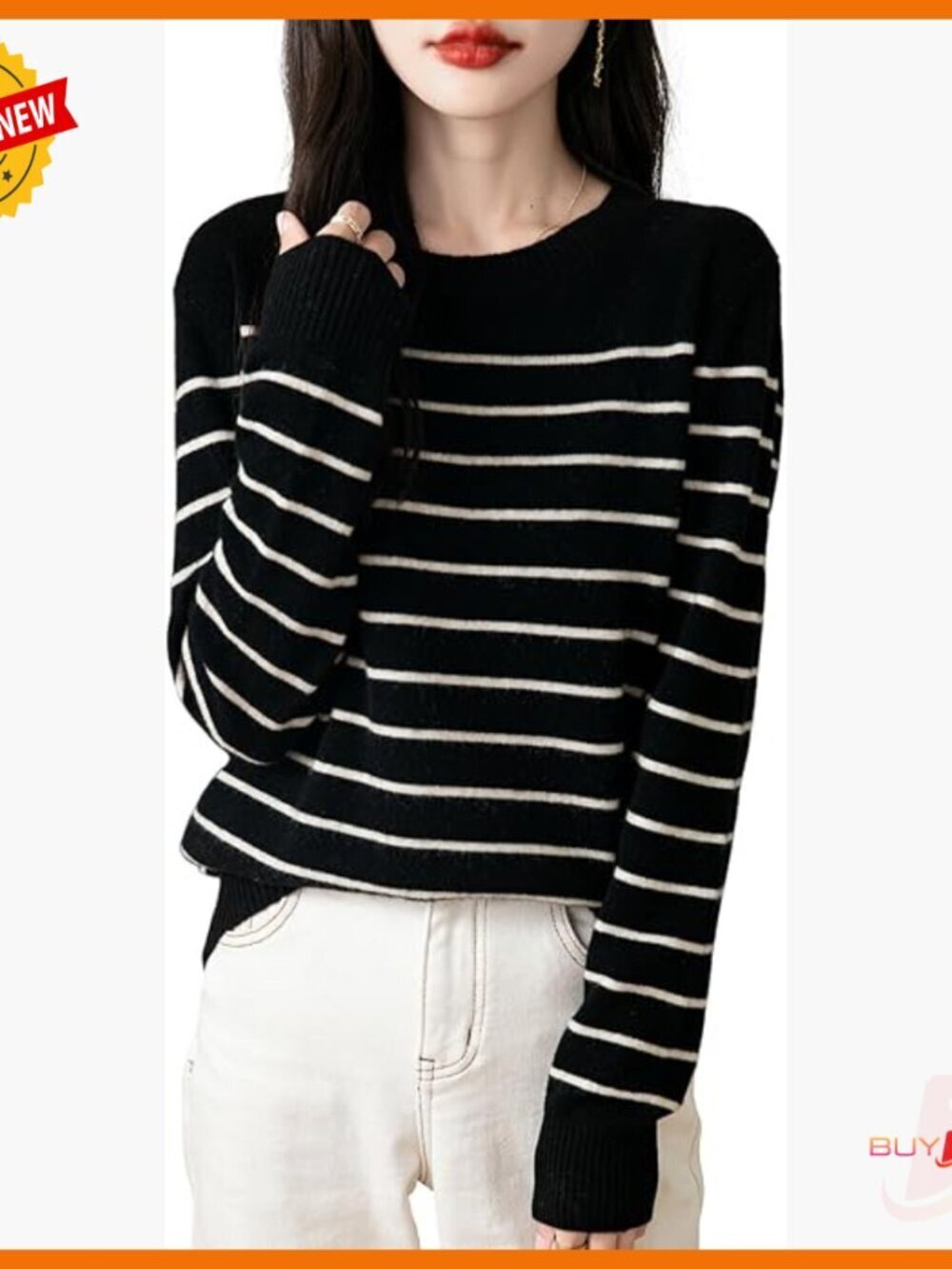 Women's 100% Merino Wool Sweater Crew Neck Striped Long Sleeve Soft Knit